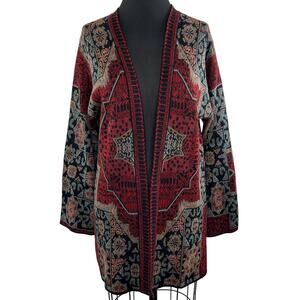 Peruvian Connection Open Front Cardigan Sweater Red Medallion Red Long Slv Sz S